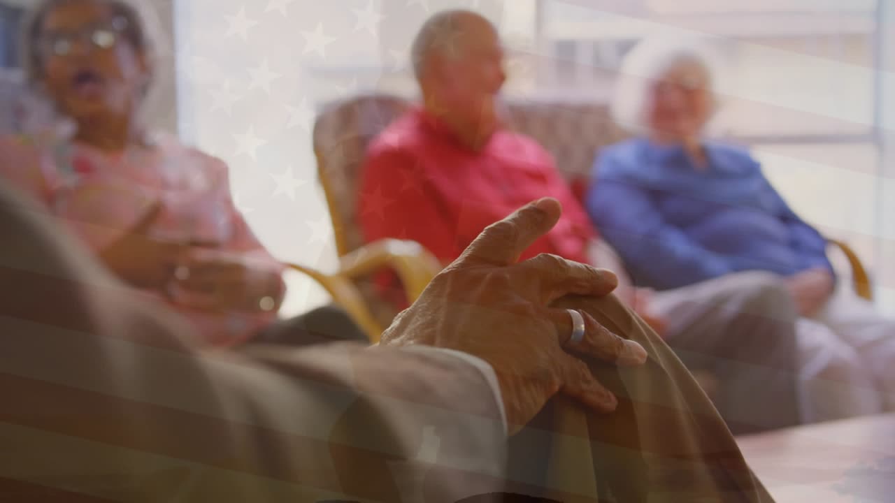Animation af amerikansk flag over ældre, mangfoldige mennesker