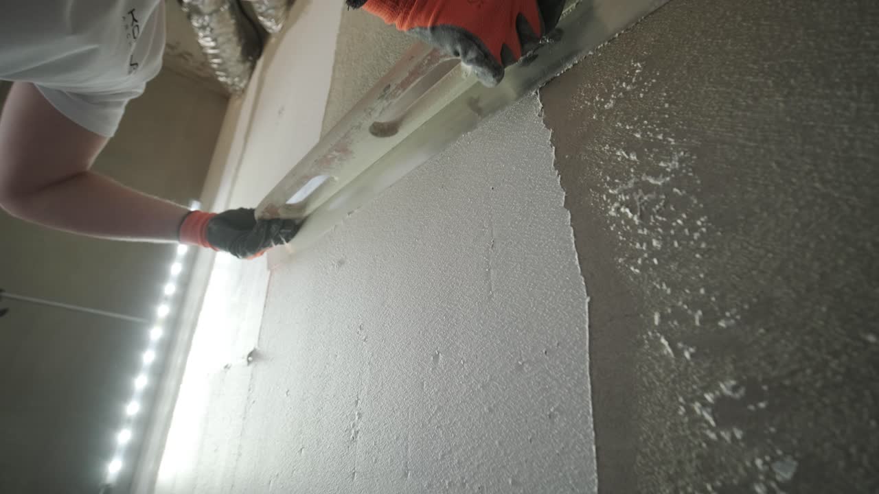 a mão de um trabalhador aplica habilmente uma camada de gesso usando uma tralha em uma parede sob luzes de led brilhantes, exibindo trabalhos de construção detalhados