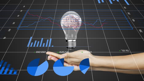 animation of statistical data processing over human brain in a light bulb icon over cupped hands