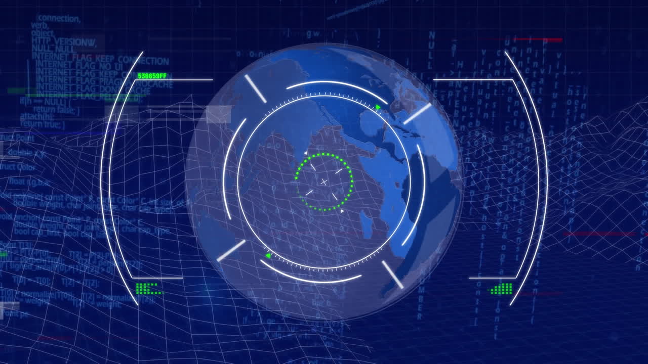 Animation of globe with scope scanning and connections over data processing
