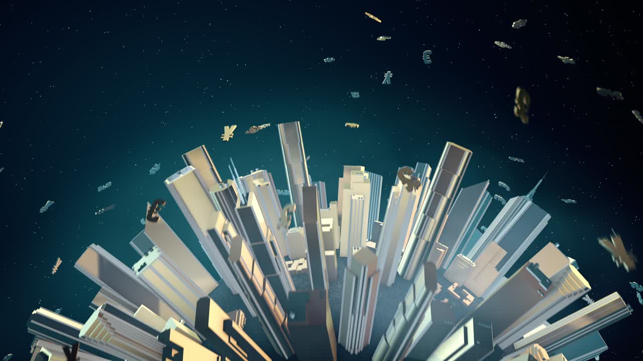 Earth globe filled with skyscrapers with orbits of currencies.