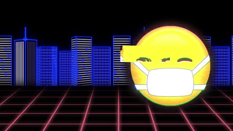 animation of social media emoji icon with face mask over cityscape