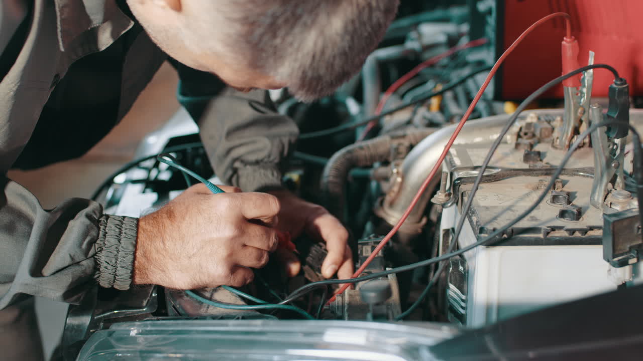 mecánico de automóviles que realiza diagnósticos en un motor de vehículo