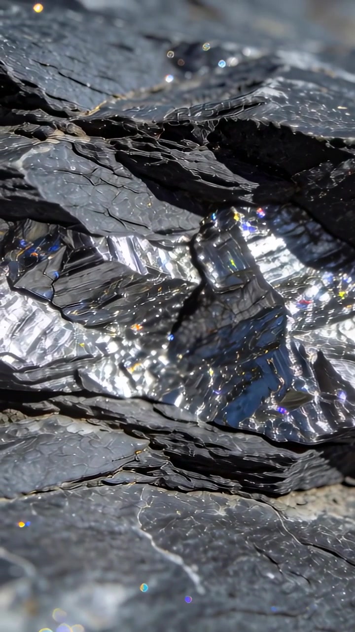 Vertical video: Camera panning revealing shiny mineral pocket at shale outcrop, catching sun glints