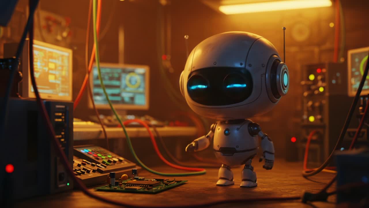 Un piccolo robot affascinante in un ambiente di laboratorio ad alta tecnologia, impegnato nel suo lavoro tra numerosi monitor e cablaggi complessi, che mostra tecnologia futuristica e design giocoso