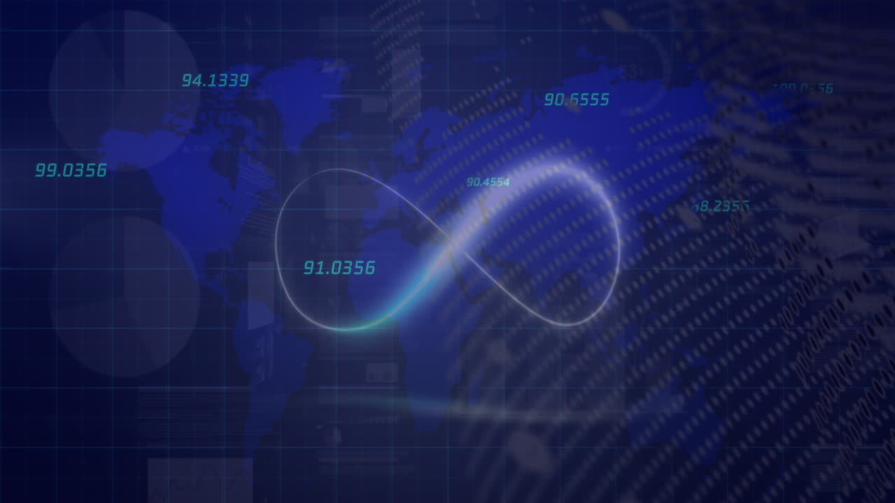 Animation of world map, numbers and infinity on navy background
