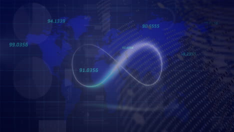 Animación-Del-Mapa-Mundial,-Números-E-Infinito-Sobre-Fondo-Marino