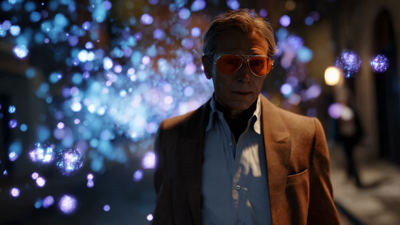 A Mysterious Figure in Cool Sunglasses Stands Amidst a Glowing Atmosphere of Colorful Particles, Creating a Dreamlike Scene Filled with Enchantment and Intrigue in the Nighttime Setting