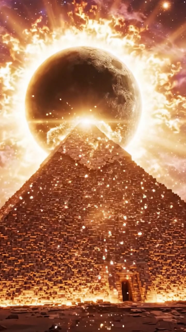 Nad velkou pyramidou se odehrává velkolepá nebeská událost, kdy se slunce setkává s měsícem v dechberoucí podívané kosmického zarovnání a ohnivé záře.