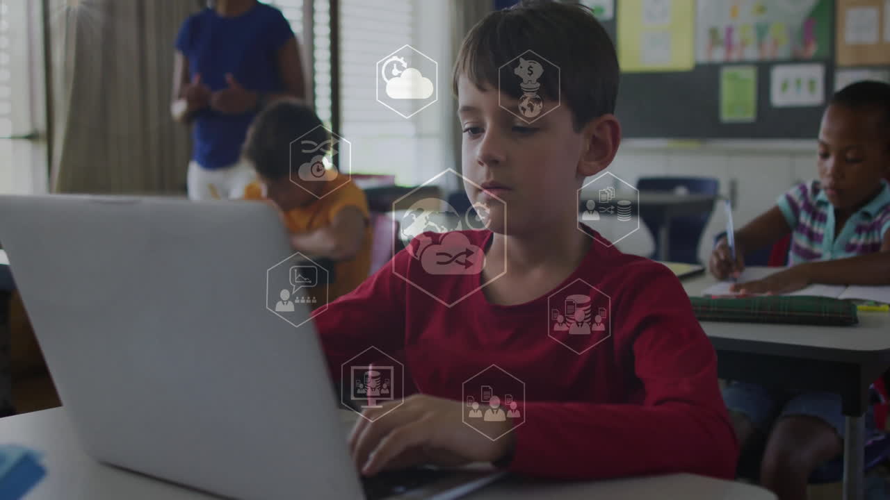 In school, children using laptops with animation of digital icons overlayed