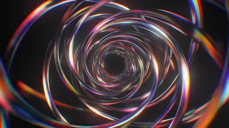 Túnel abstrato de anéis metálicos iridescentes giratórios