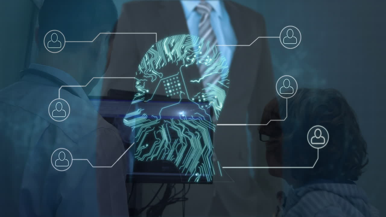 Animation of caucasian businessman and head with computer circuit board over diverse doctors