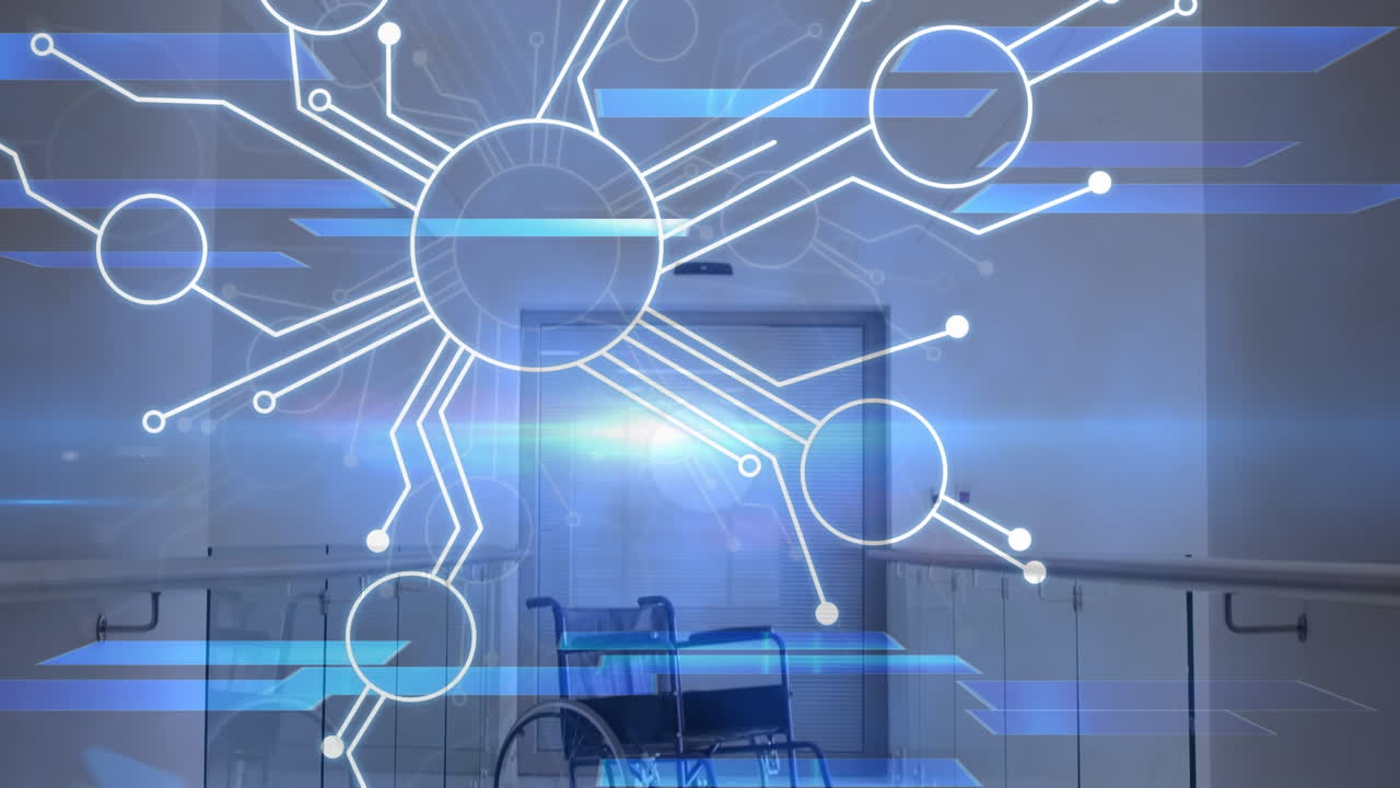 animación de la red de conexiones y formas sobre silla de ruedas en el hospital