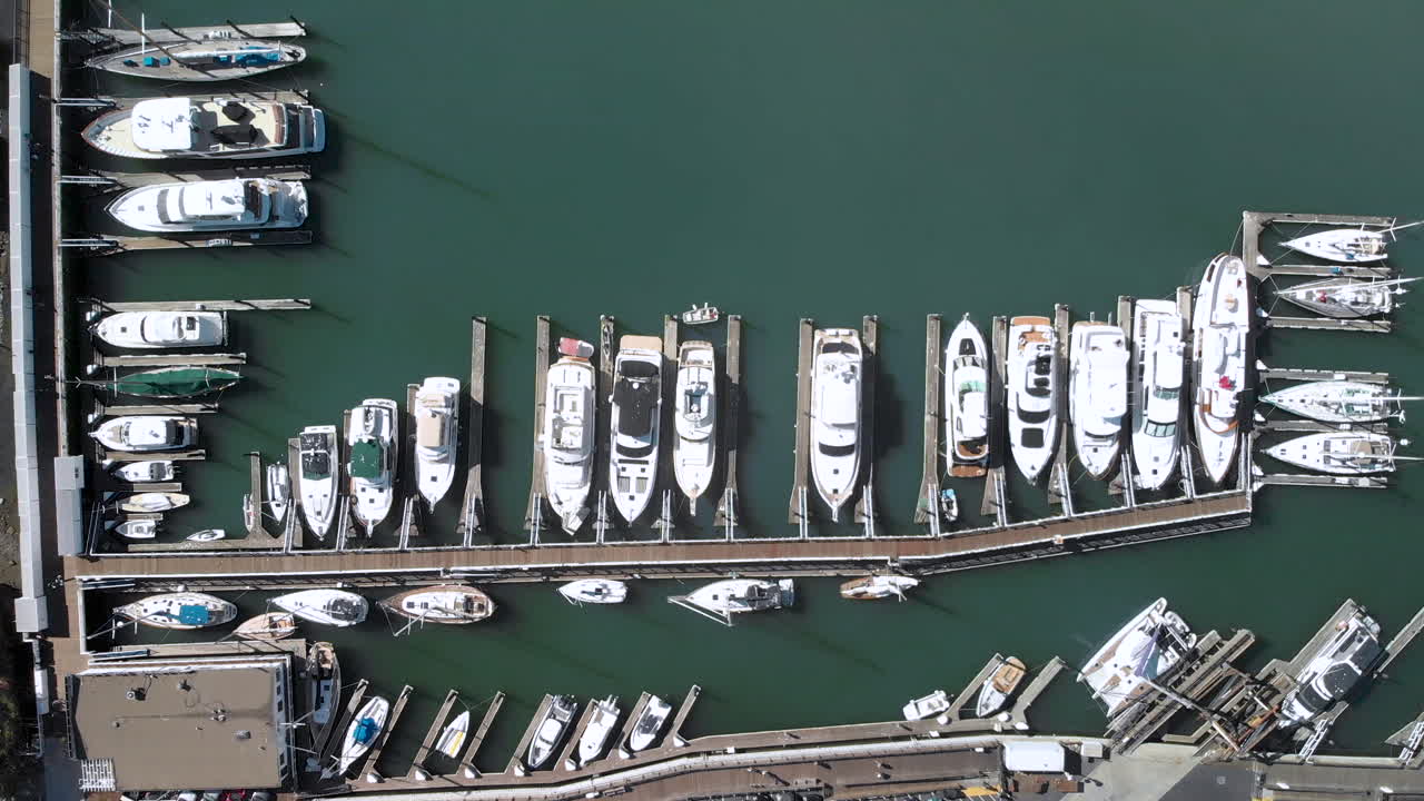 Top Down view of boats in the marina of Sausalito Harbor across the bay from San Francisco