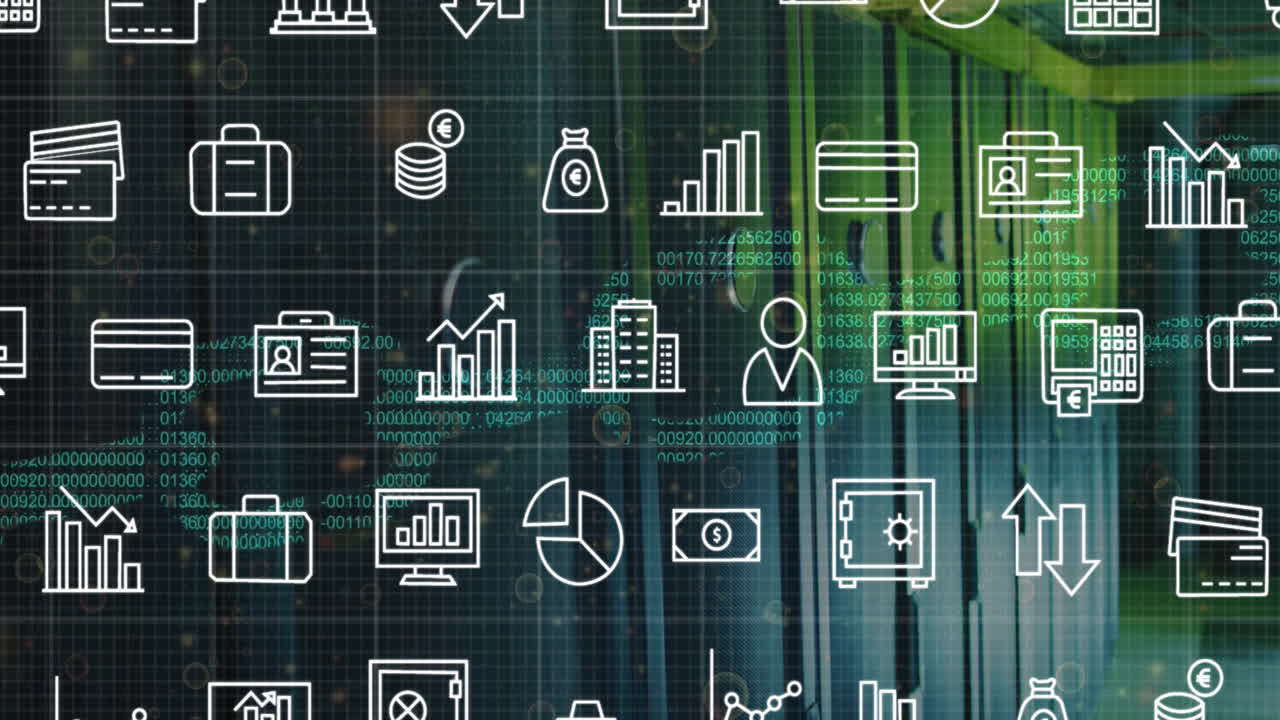 animación de iconos comerciales y procesamiento de datos digitales a través de servidores informáticos