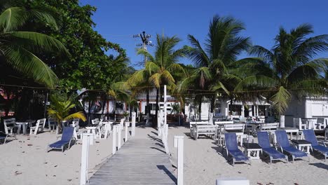 Quiet-morning-at-beach-side-outdoor-restaurant-with-palm-trees,-Roatan