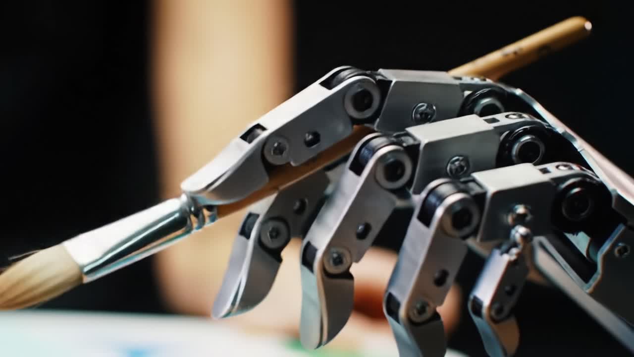 A Highly Detailed Close-Up of a Robotic Hand Skillfully Holding a Paintbrush, Demonstrating the Intersection of Technology and Artistic Expression