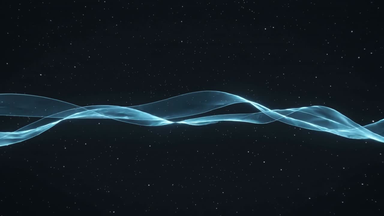 Drifting twin glowing blue ribbons starting low sine wave across dark starfield, crossing center
