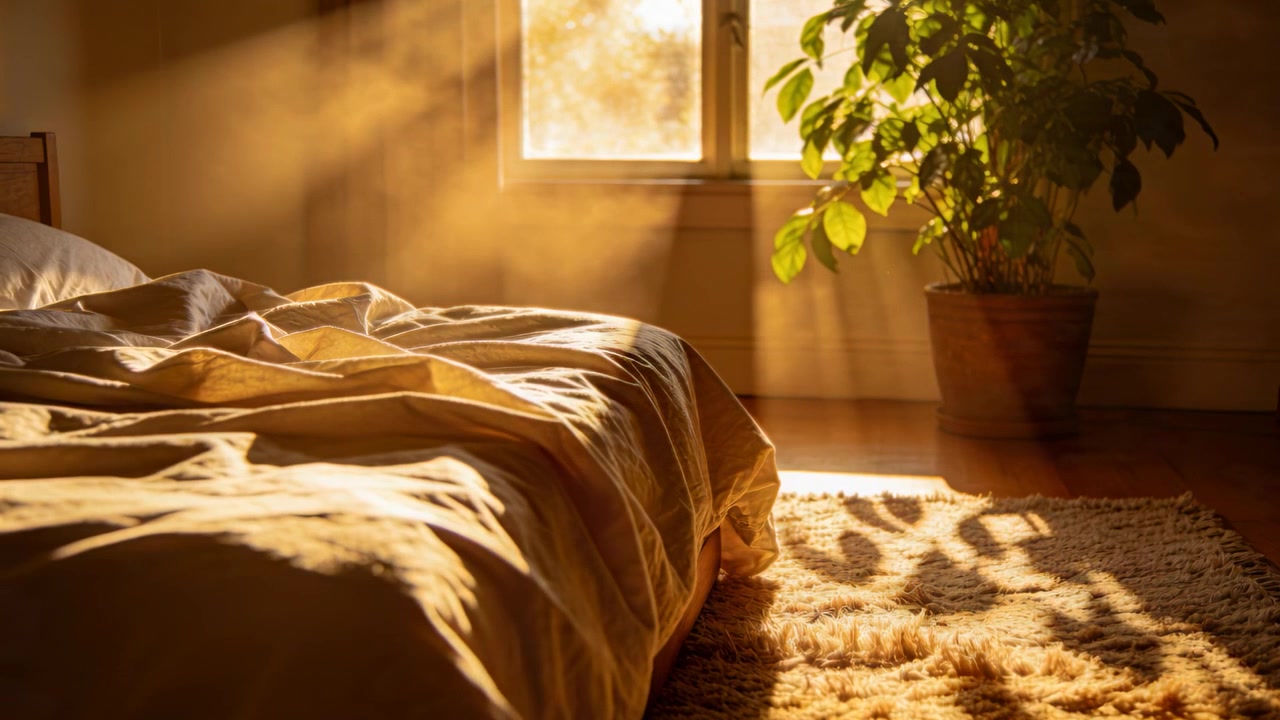 Luce solare che filtra dalla finestra illuminando un letto sfatto a sinistra, con ombre di piante che si muovono sul tappeto.