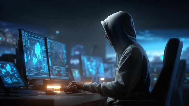 Incontri intriganti in un regno digitale misterioso: una persona concentrata interagisce con diversi schermi, illuminati dalla luce intensa della tecnologia