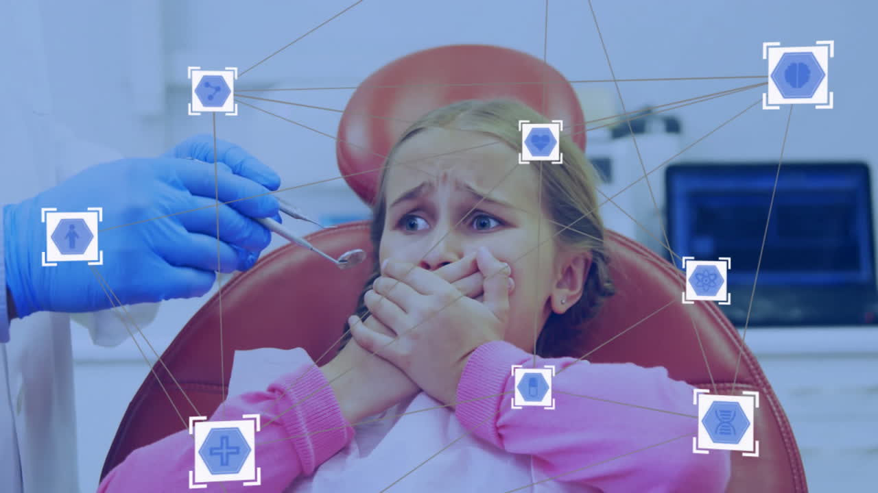 Animation of network of connections with icons over caucasian girl patient in dental office