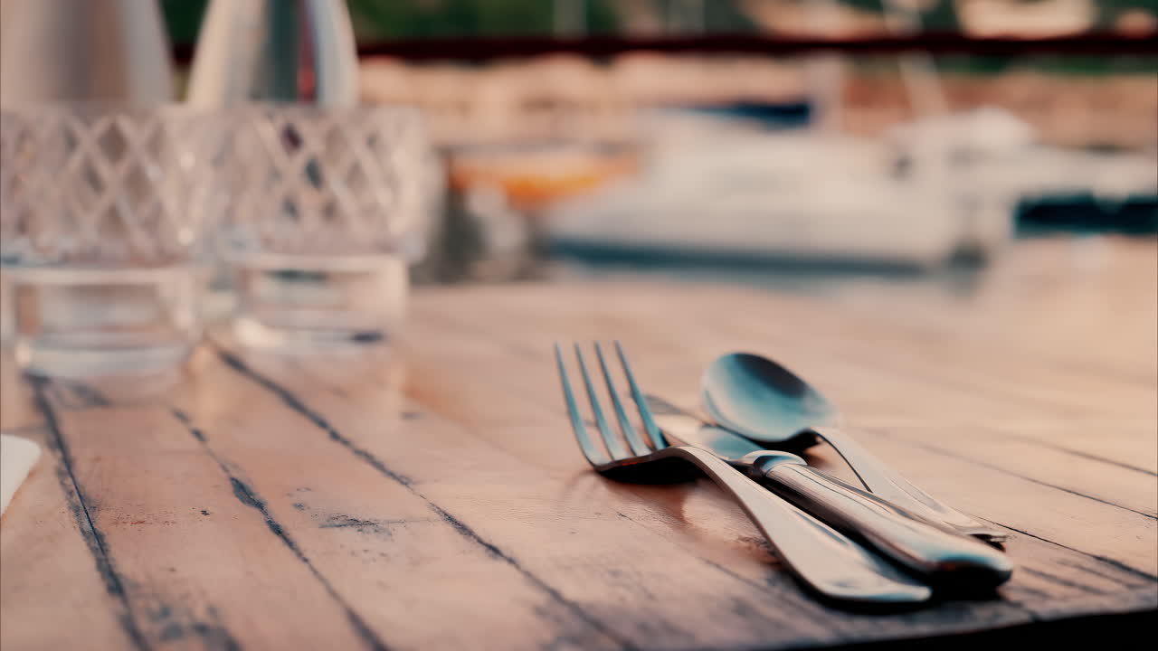 Close up view of a set table and the atmosphere at a restaurant near a port in the south of France