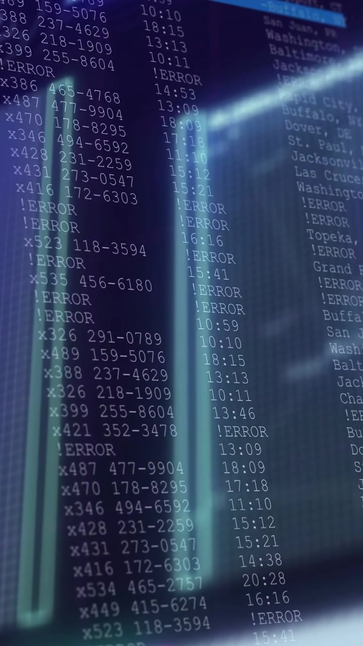Vertikal video: Skjermen trekkes tilbake og viser data, søyler oppdateres, markering viser !ERROR for logger.