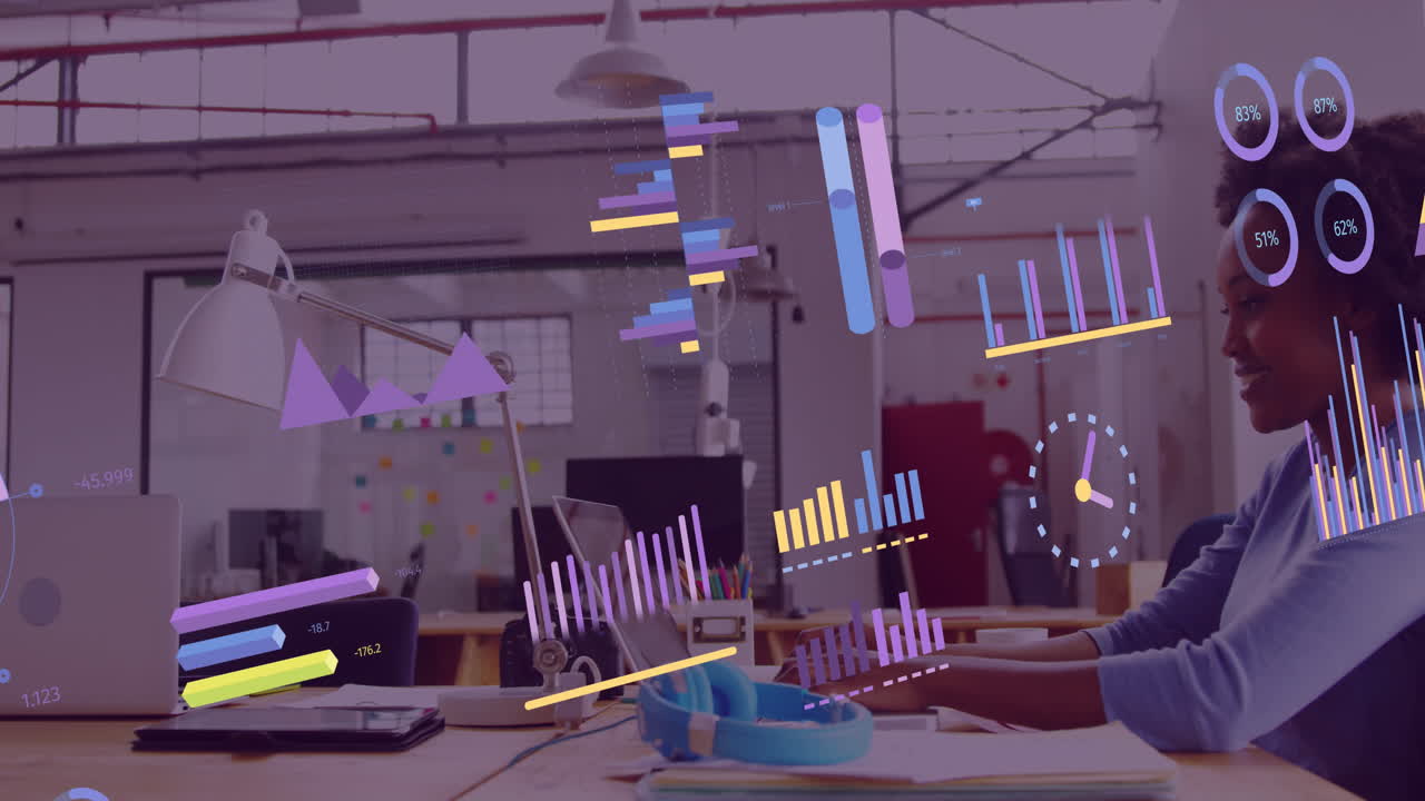 Animation of financial data processing over african american businesswoman in office