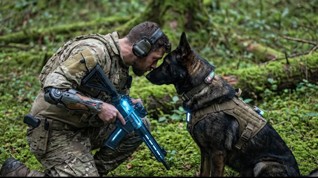 Futuristisk soldat med cyborg-arm og K9-partner i skogen