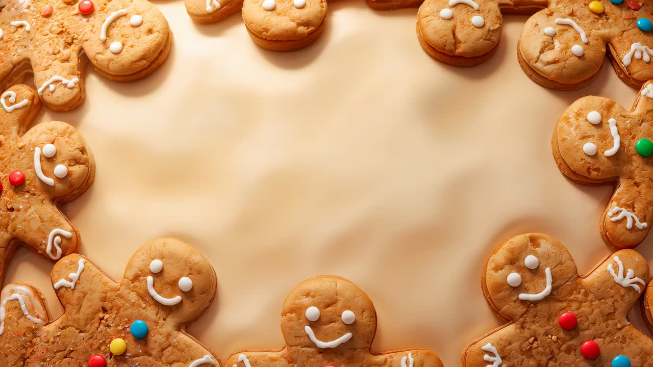 Zooming camera filming gingerbread cookie ring on tabletop, showing icing and candy buttons