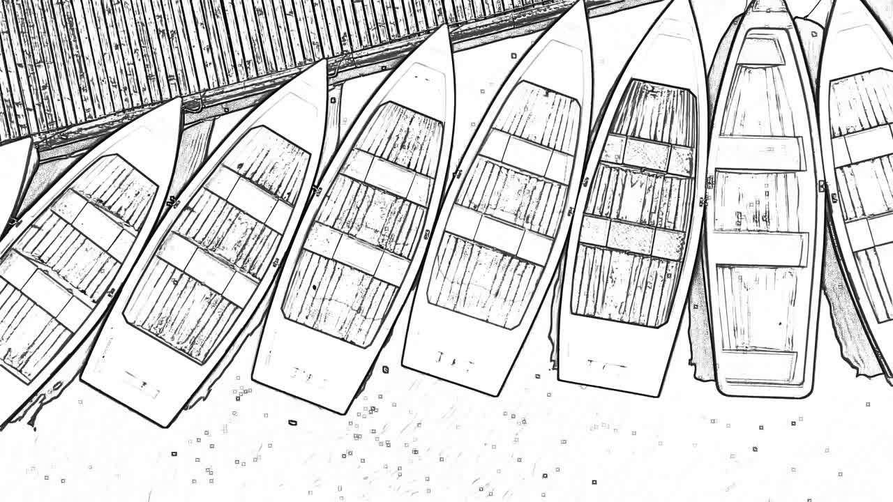 Many wooden boats next to each other, black and white doodle art