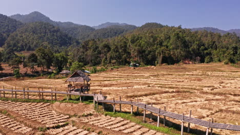 Drone-Shot-Revealing-Person-Walking-on-Boon-Ko-Ku-Bamboo-Bridge-in-Pai,-Thailand