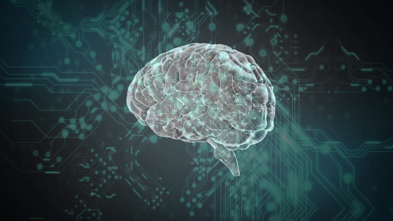 Upon activation 3D holographic brain rotating across teal circuitry backdrop, visualizing data flow