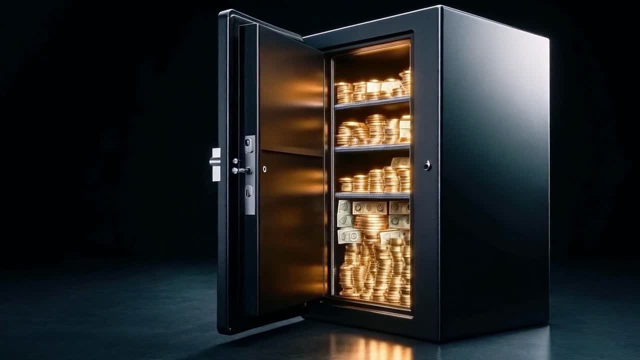 Open safe filled with money and gold coins
