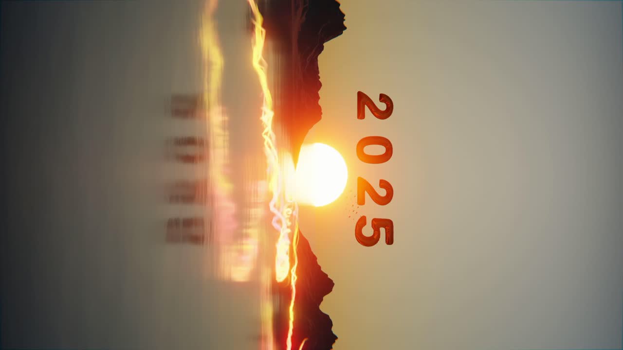 flujo de energía entrando en el paisaje escénico del atardecer saludando el año nuevo 2025 renderización de animación digital en 3d