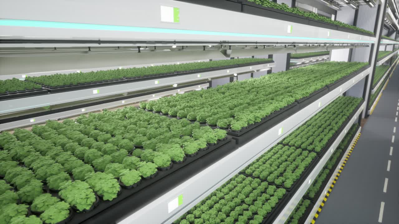 Fattoria verticale moderna con piante idroponiche e illuminazione a LED