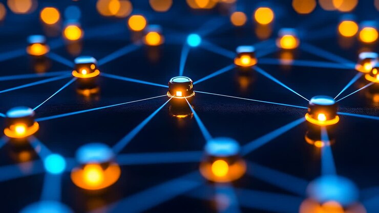 Glowing nodes in digital space. Glowing nodes connect through bright lines in a dark digital landscape, illustrating a vibrant network of interactions