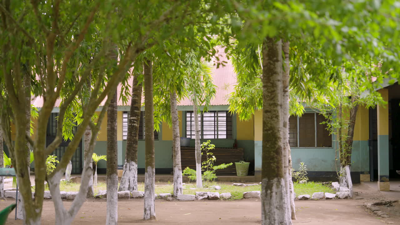 Establishing view of beautiful outdoor gardens in Kilifi, Kenya with trees and courtyard