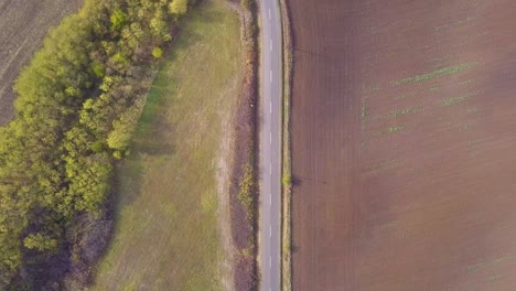 volando sobre una carretera en una zona rural con un bosque mirando hacia abajo desde un dron