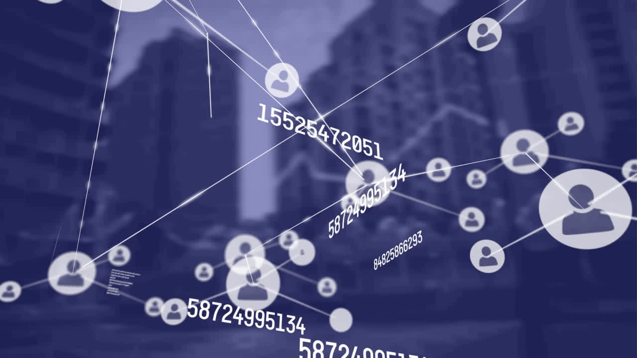 도시 풍경에 따라 변화하는 아이콘과 숫자를 가진 연결 네트워크의 애니메이션