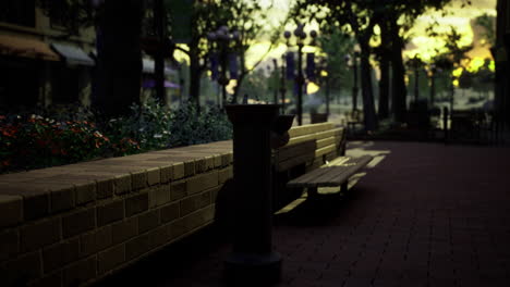 Evening stroll in the park reveals warm light reflecting on empty benches