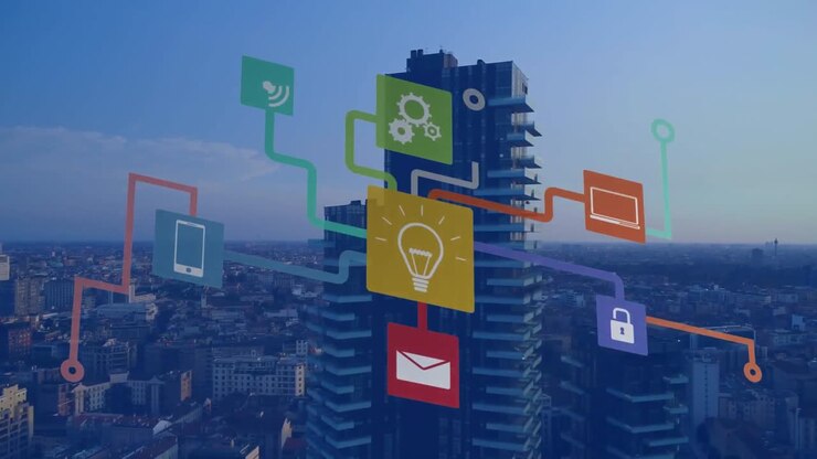 Animation connected icons in flowchart over aerial view of modern city against cloudy sky