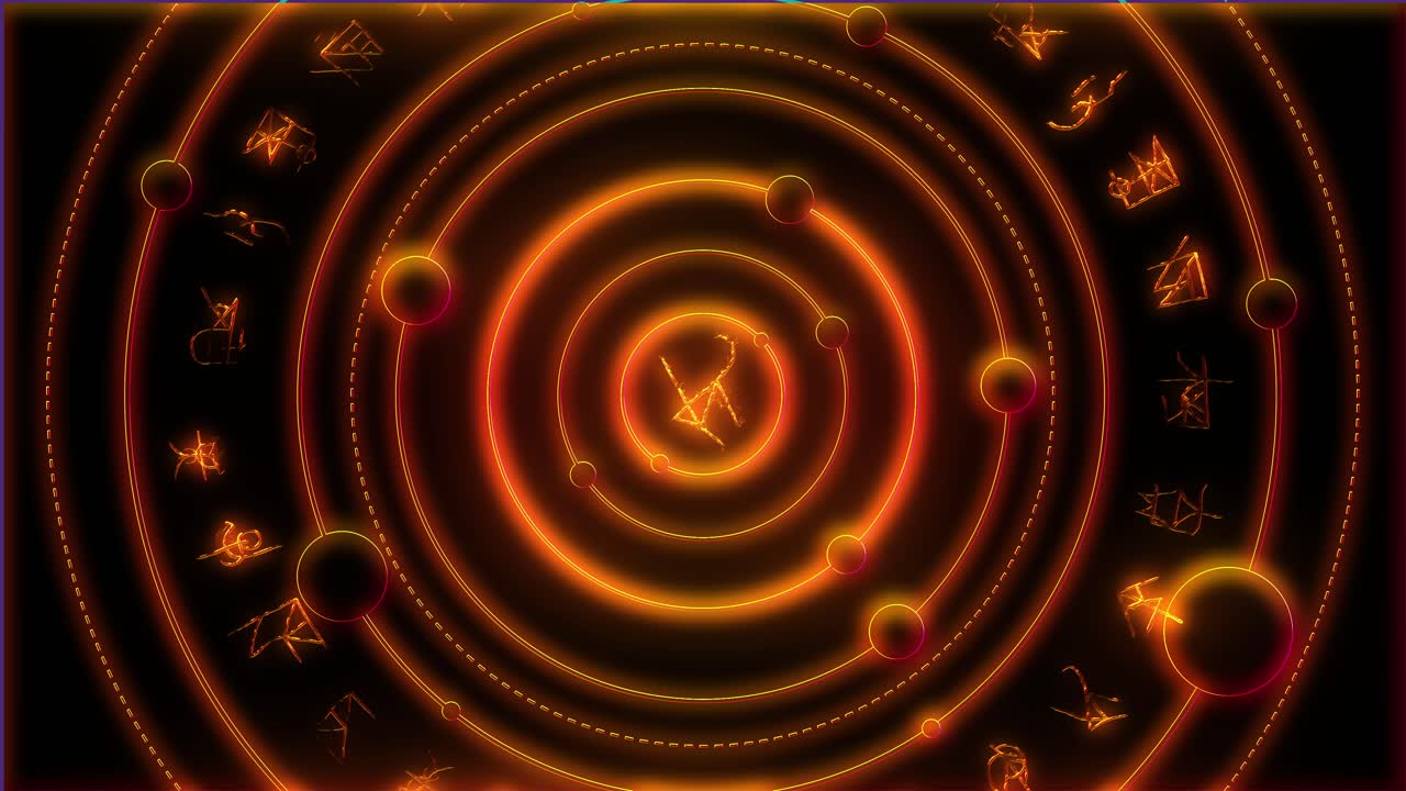 simbolismo místico que representa planetas dorados brillantes del sistema solar que giran en torno a un antiguo símbolo esotérico sobre fondo negro