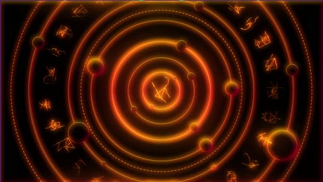 Mystical-symbolism-representing-glowing-golden-planets-of-solar-system-revolving-around-an-ancient-esoteric-symbol-on-black-background