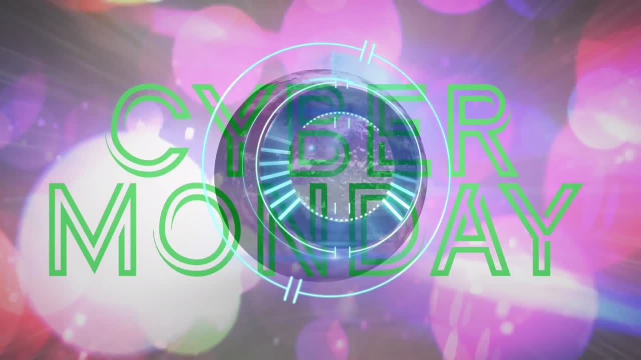 animación escaneo de alcance, globo con texto de ventas de cyber monday en el fondo