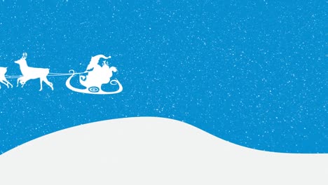 Animation-Von-Schnee,-Der-über-Den-Weihnachtsmann-Im-Schlitten-Mit-Rentieren-Auf-Blau-Und-Weiß-Fällt