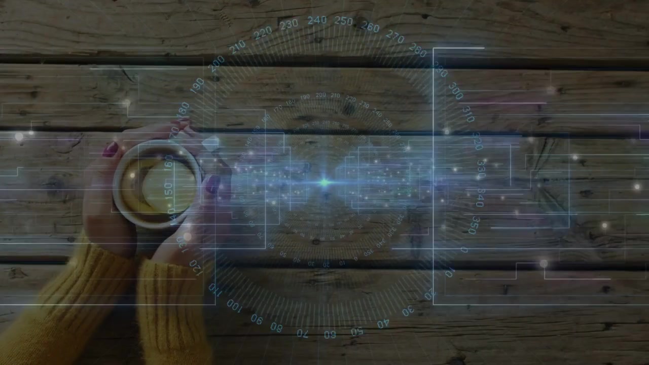 Mature woman responding to tech HUD activating, cradling cup on plank tightening grip steadying cup