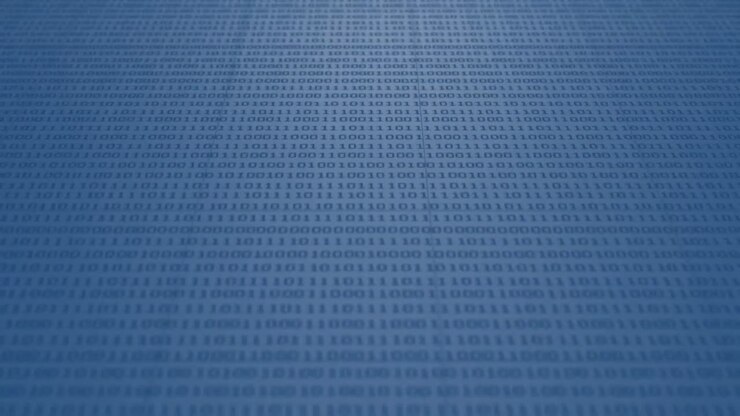 Animation of binary coding, data processing over processor circuit board