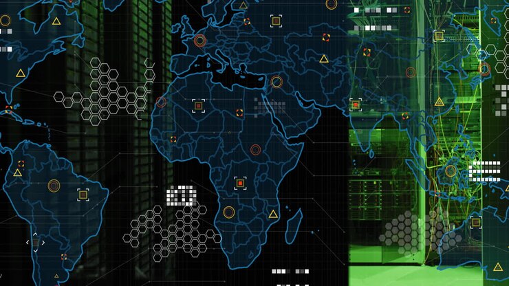 Animation of world map and data processing against computer server room