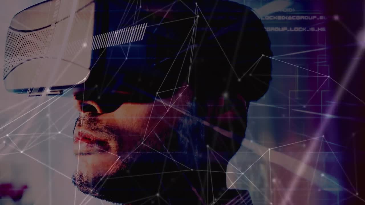 Animation of network of connections over businessman wearing vr headset
